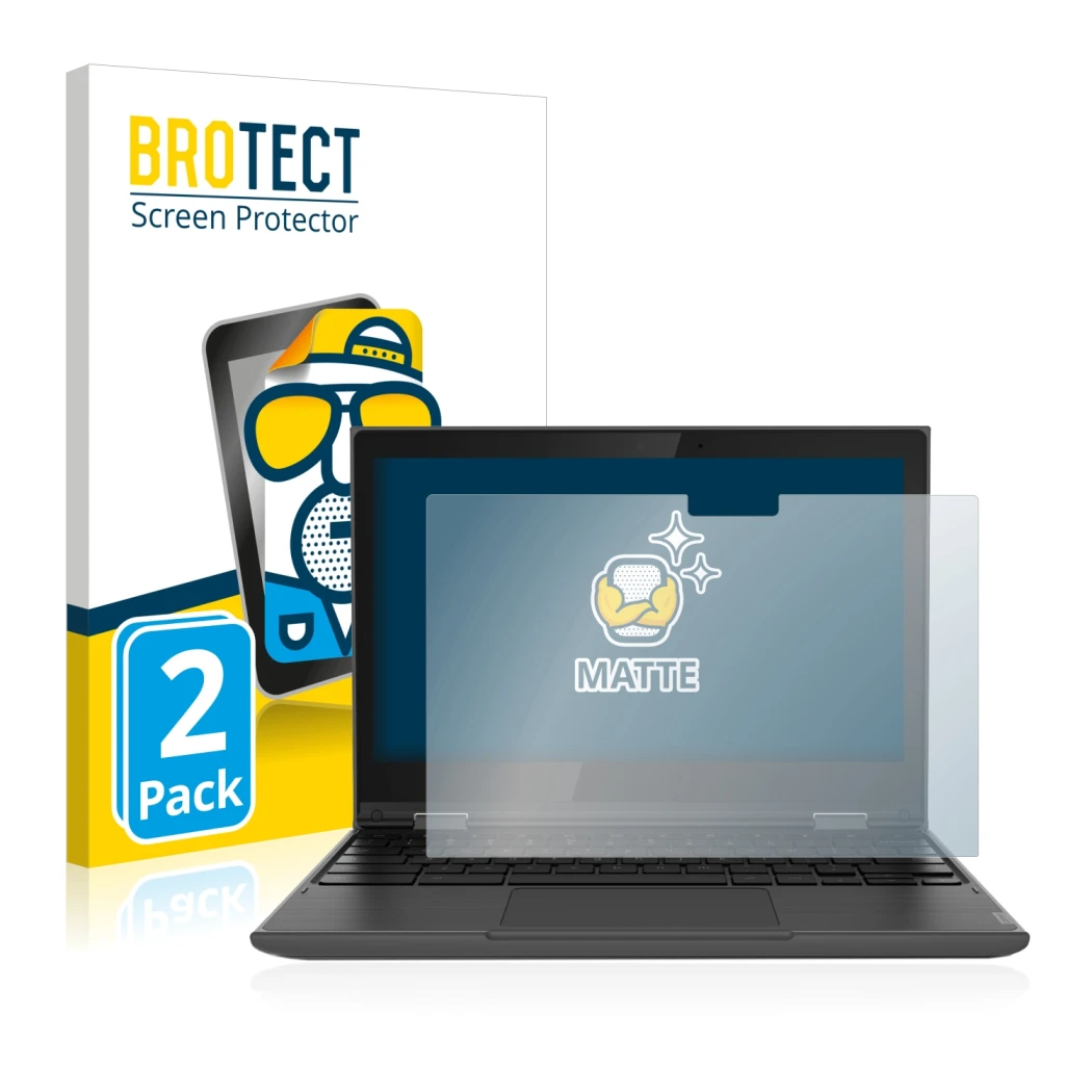 Face avant d’un emballage produit avec le logo de la marque BROTECT. À côté, l’appareil Lenovo 300e (2e Gen.) est représenté a