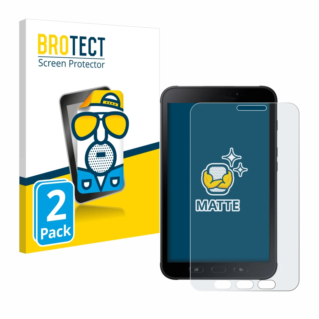 Face avant d’un emballage produit avec le logo de la marque BROTECT. À côté, l’appareil Samsung Galaxy Tab Active 2 SM-T395 es