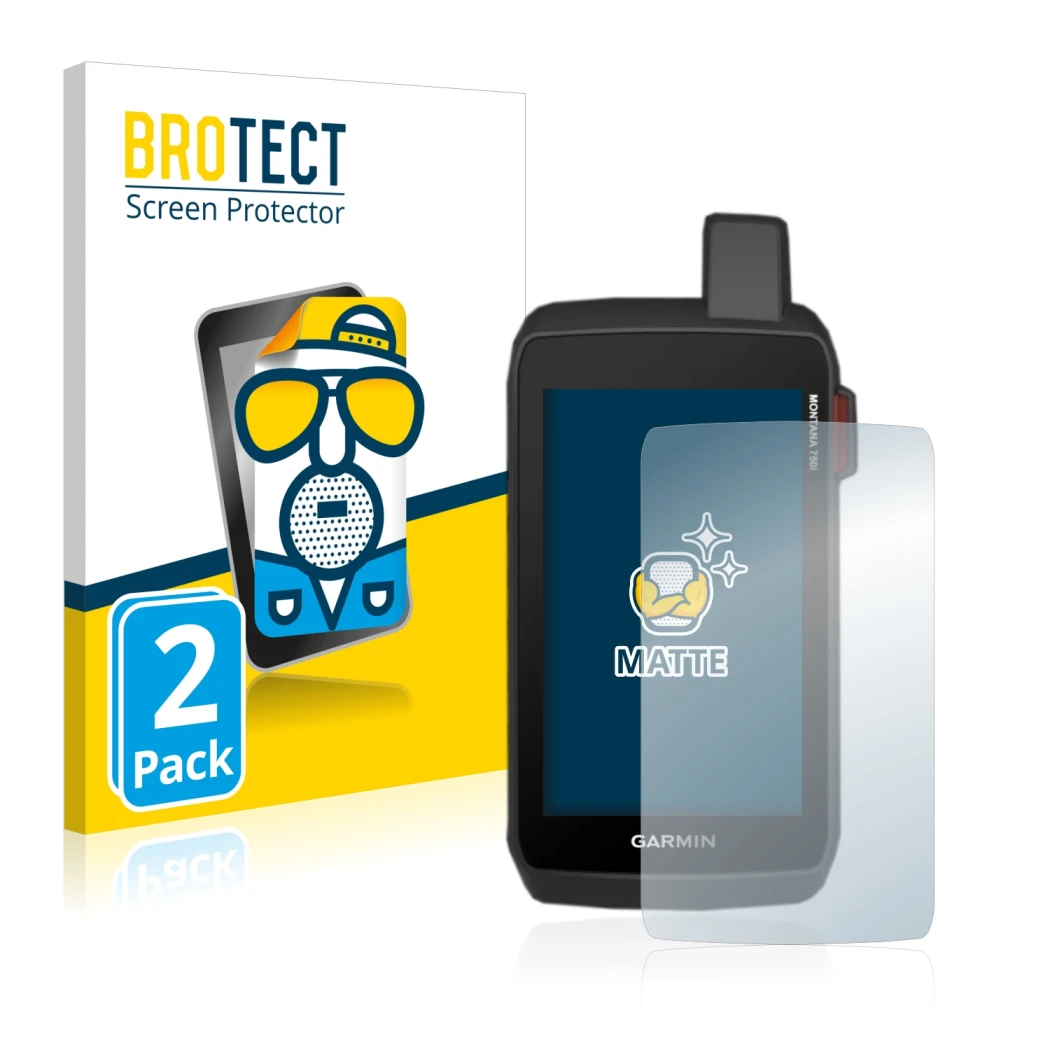 Face avant d’un emballage produit avec le logo de la marque BROTECT. À côté, l’appareil Garmin Montana 750i est représenté ave