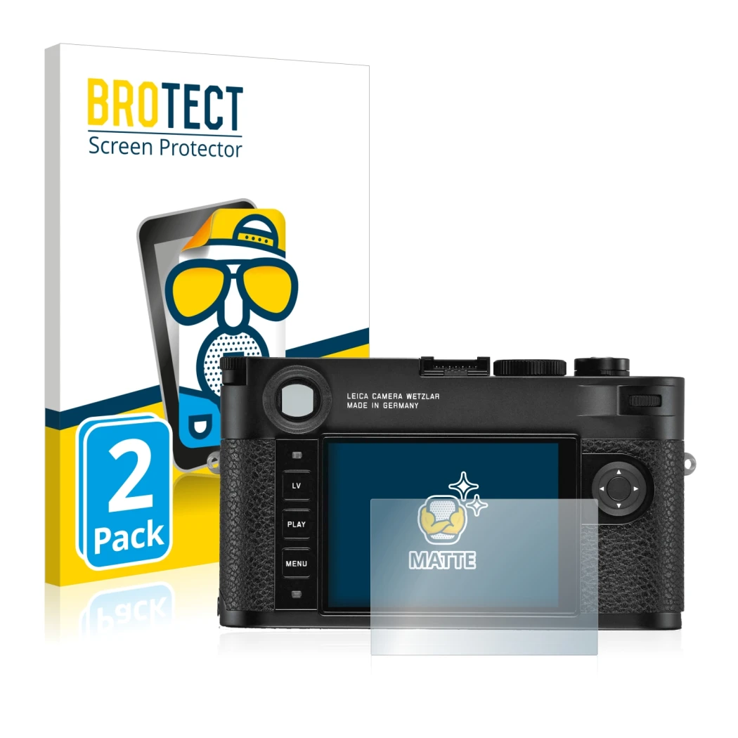 Face avant d’un emballage produit avec le logo de la marque BROTECT. À côté, l’appareil Leica M10-R est représenté avec la pro