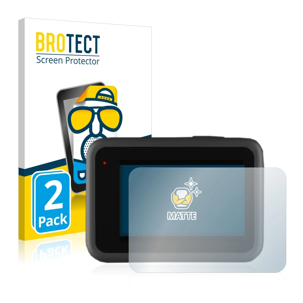 Face avant d’un emballage produit avec le logo de la marque BROTECT. À côté, l’appareil GoPro Hero 9 Black est représenté avec