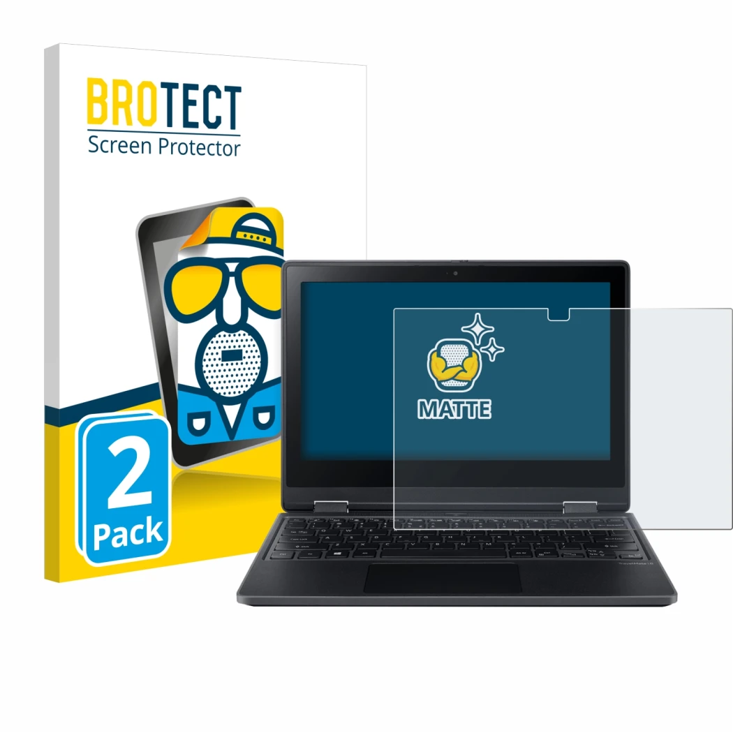 Face avant d’un emballage produit avec le logo de la marque BROTECT. À côté, l’appareil Acer TravelMate Spin B3 est représenté