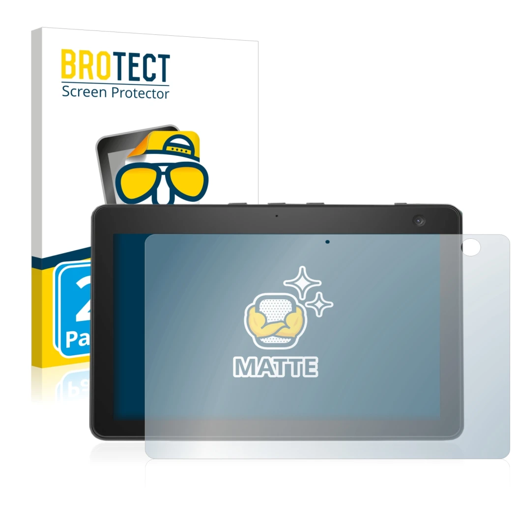 Face avant d’un emballage produit avec le logo de la marque BROTECT. À côté, l’appareil Amazon Echo Show 10 (3ème Gen.) est re