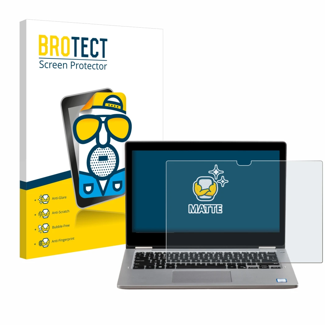 Face avant d’un emballage produit avec le logo de la marque BROTECT. À côté, l’appareil Dell Latitude 3310 2-in-1 est représen