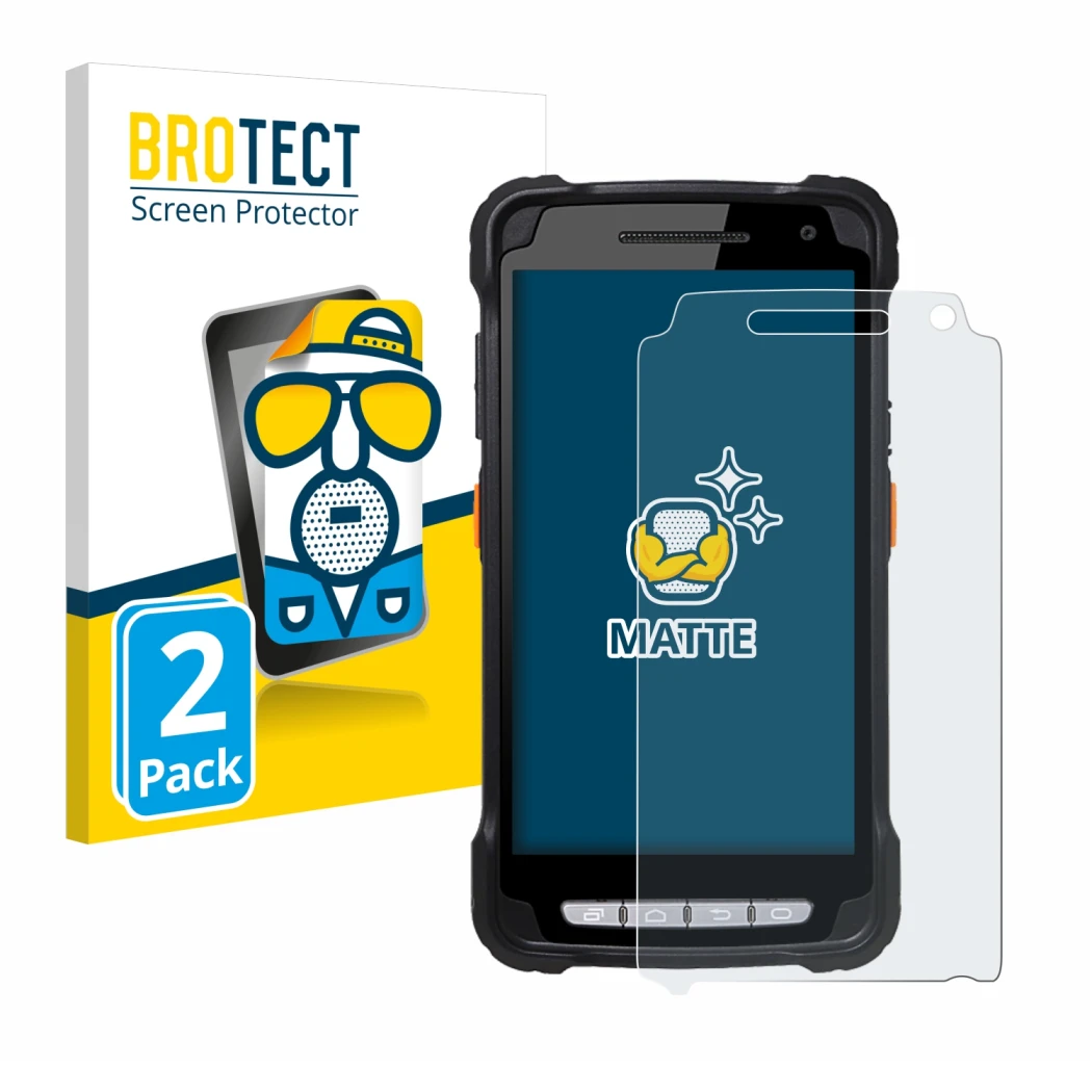 Face avant d’un emballage produit avec le logo de la marque BROTECT. À côté, l’appareil Point Mobile PM90 est représenté avec