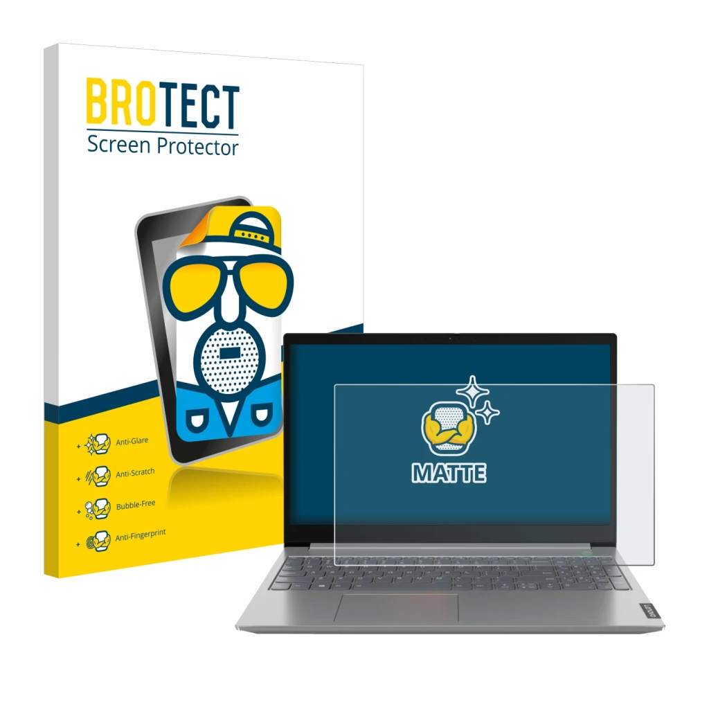 Face avant d’un emballage produit avec le logo de la marque BROTECT. À côté, l’appareil Lenovo ThinkBook 14 Gen 1 est représen