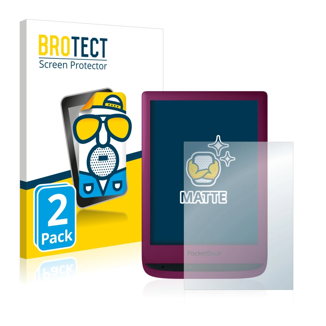 Face avant d’un emballage produit avec le logo de la marque BROTECT. À côté, l’appareil PocketBook Touch Lux 5 est représenté