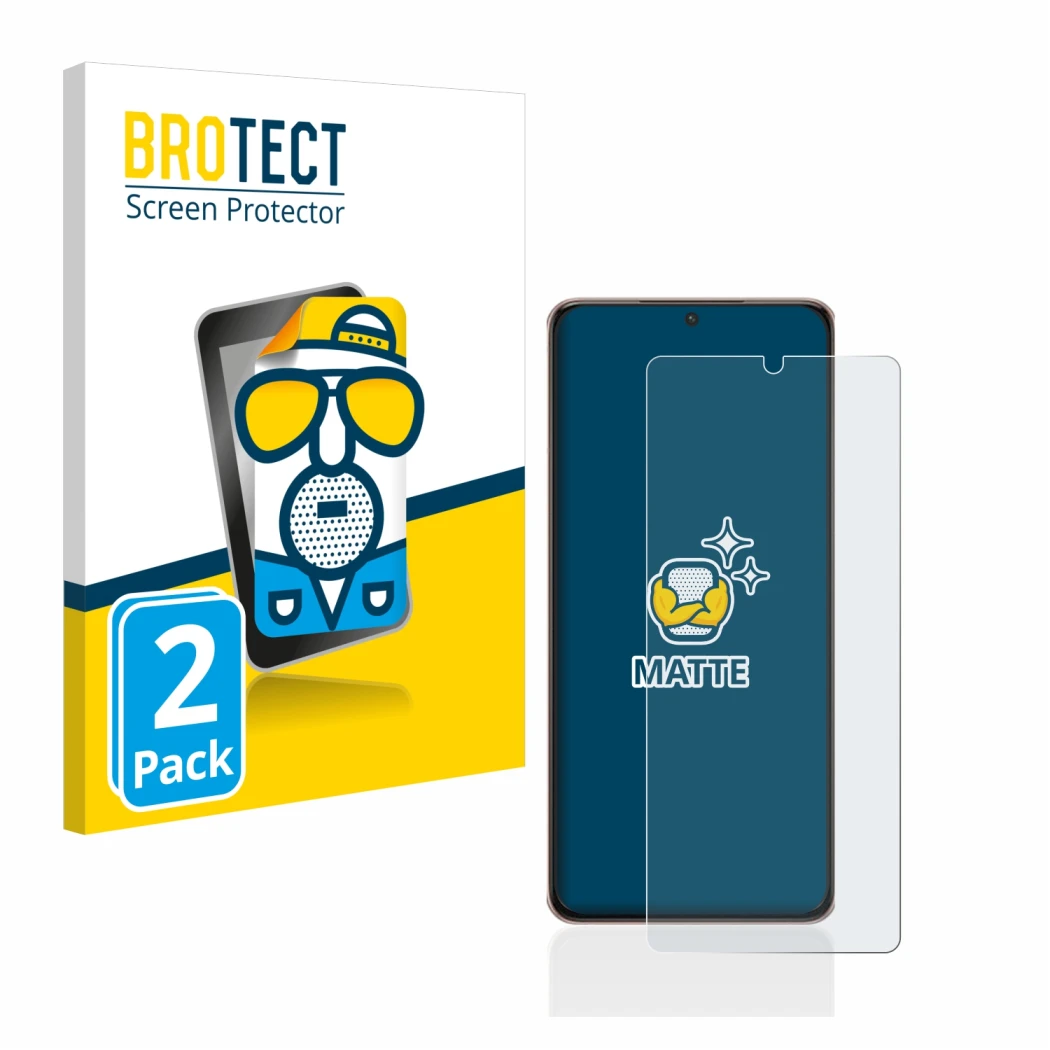Face avant d’un emballage produit avec le logo de la marque BROTECT. À côté, l’appareil Samsung Galaxy S21 Ultra 5G est représ