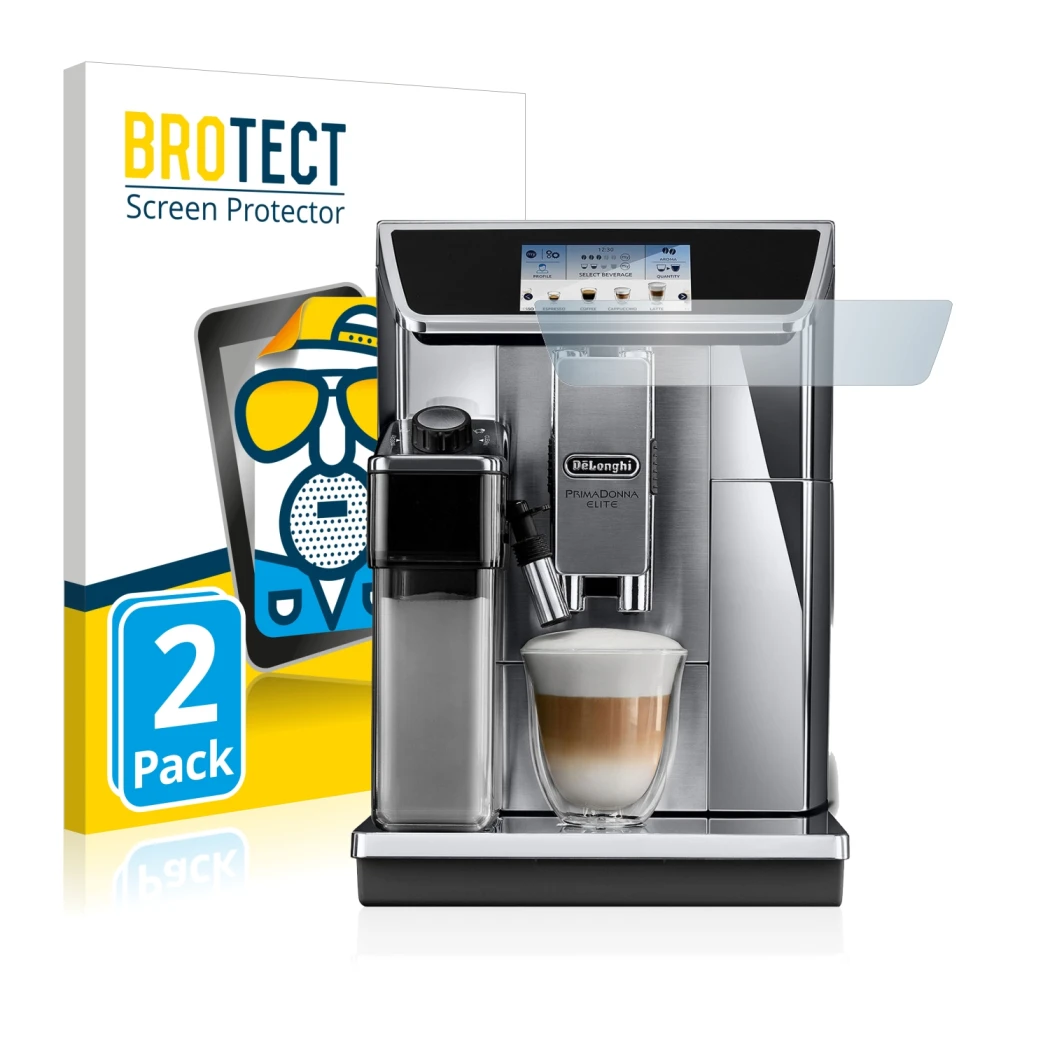 Face avant d’un emballage produit avec le logo de la marque BROTECT. À côté, l’appareil DeLonghi PrimaDonna Elite Experience E