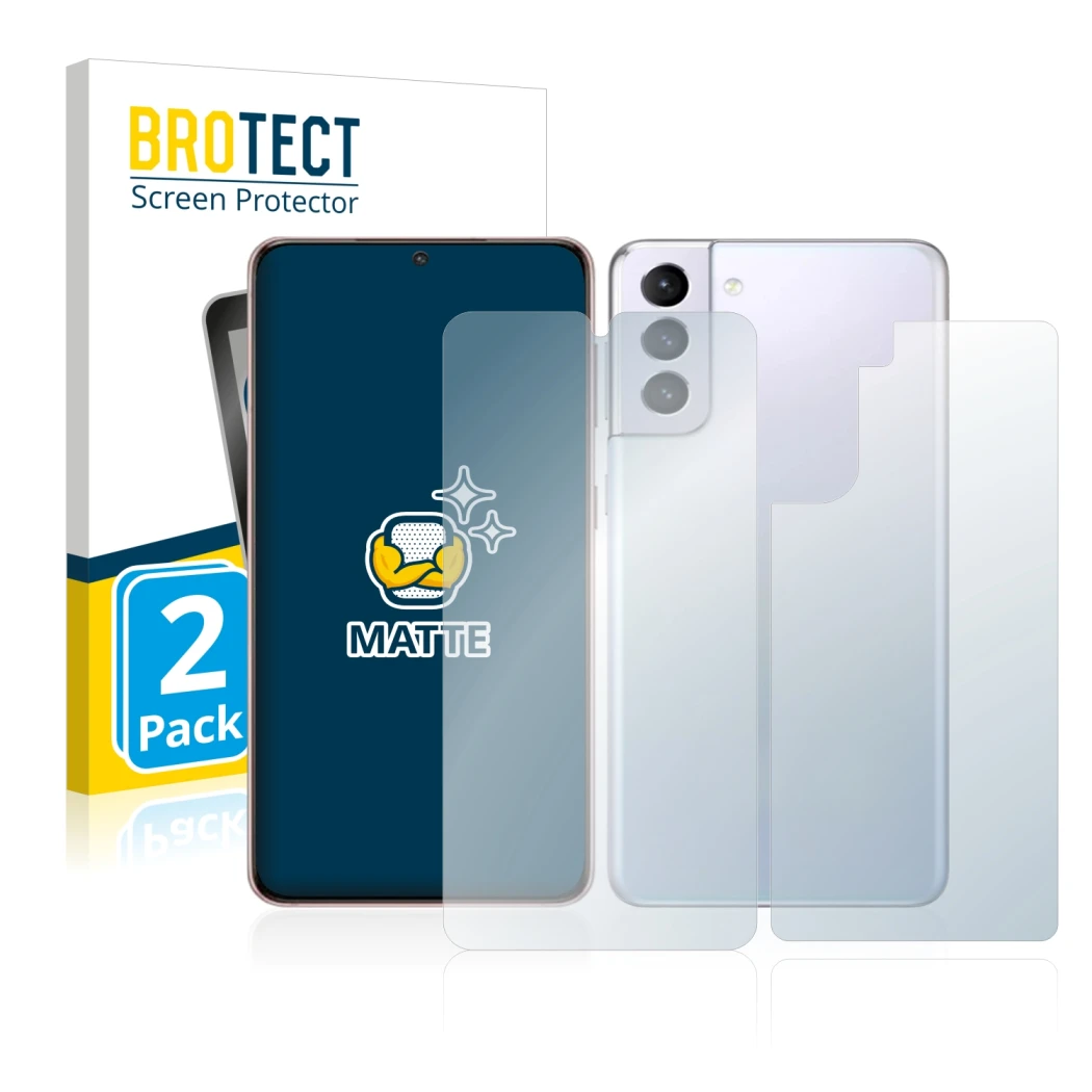 Face avant d’un emballage produit avec le logo de la marque BROTECT. À côté, l’appareil Samsung Galaxy S21 5G (Avant+Arrière) 