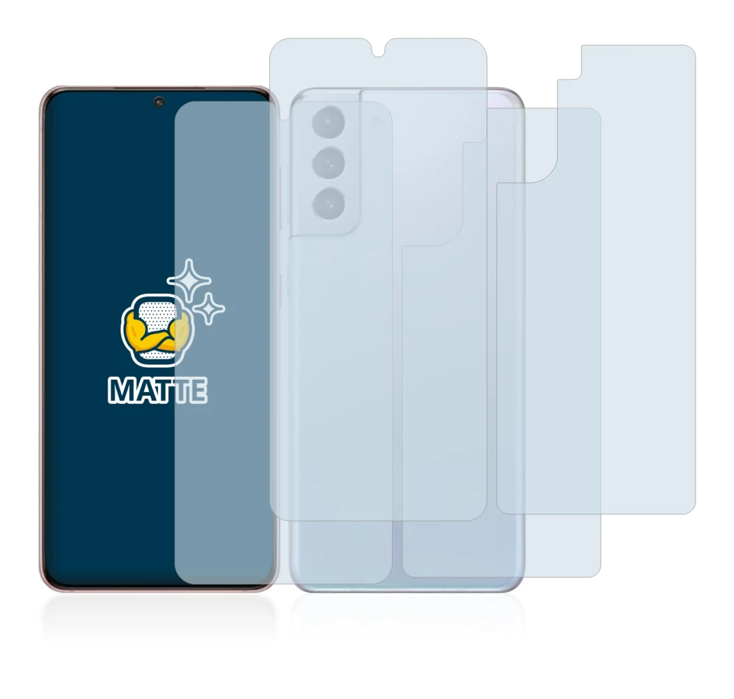 Image de l'appareil Samsung Galaxy S21 5G (Avant+Arrière) avec une grande variété de protections d'écran.