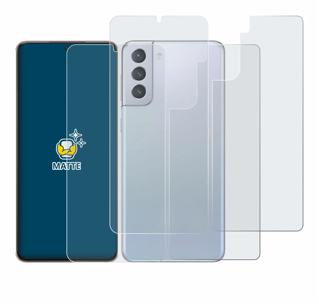 Image de l'appareil Samsung Galaxy S21 Plus 5G (Avant+Arrière) avec une grande variété de protections d'écran.