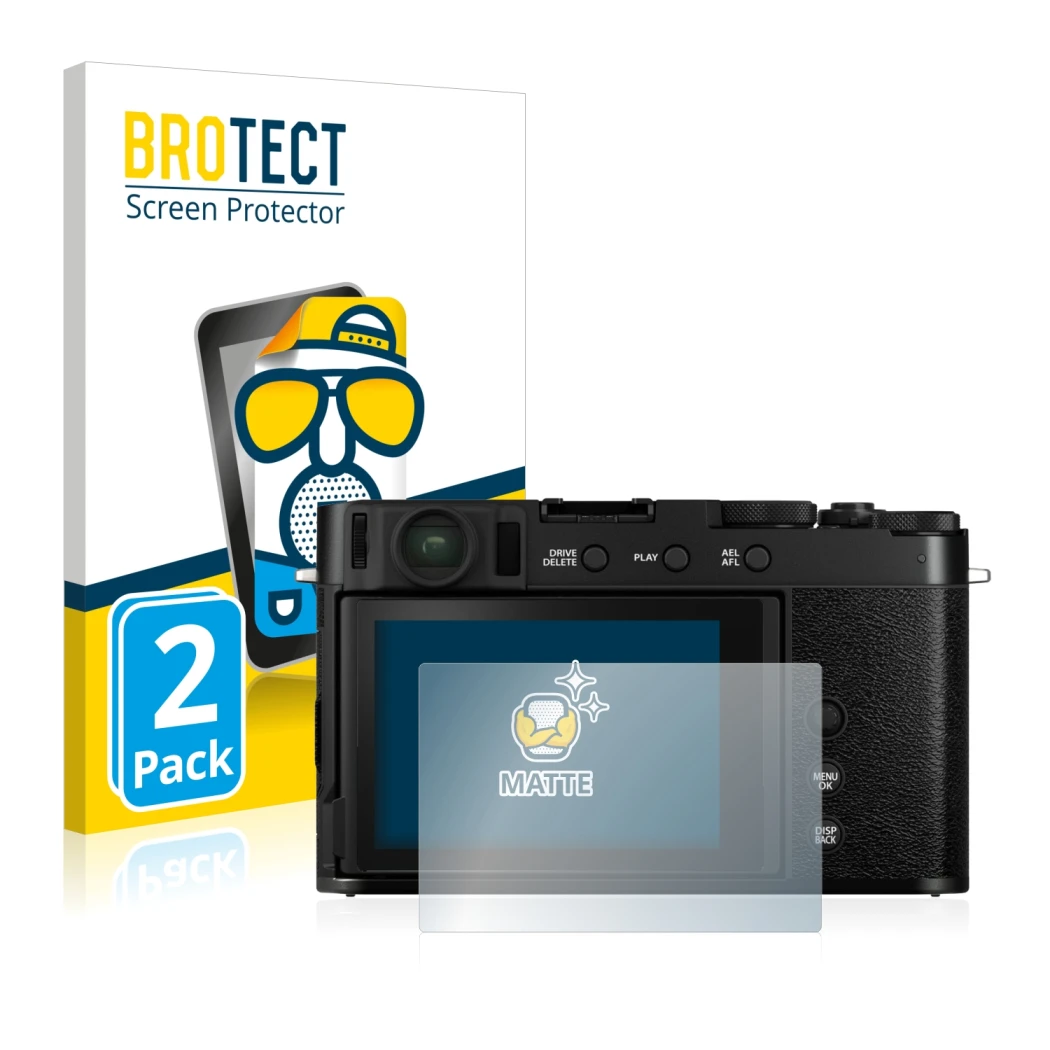 Face avant d’un emballage produit avec le logo de la marque BROTECT. À côté, l’appareil Fujifilm X-E4 est représenté avec la p