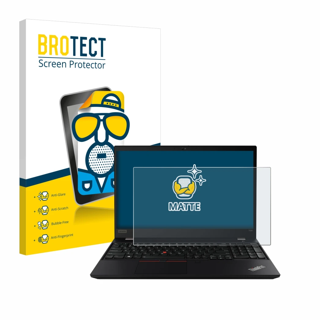Face avant d’un emballage produit avec le logo de la marque BROTECT. À côté, l’appareil Lenovo ThinkPad P14s est représenté av