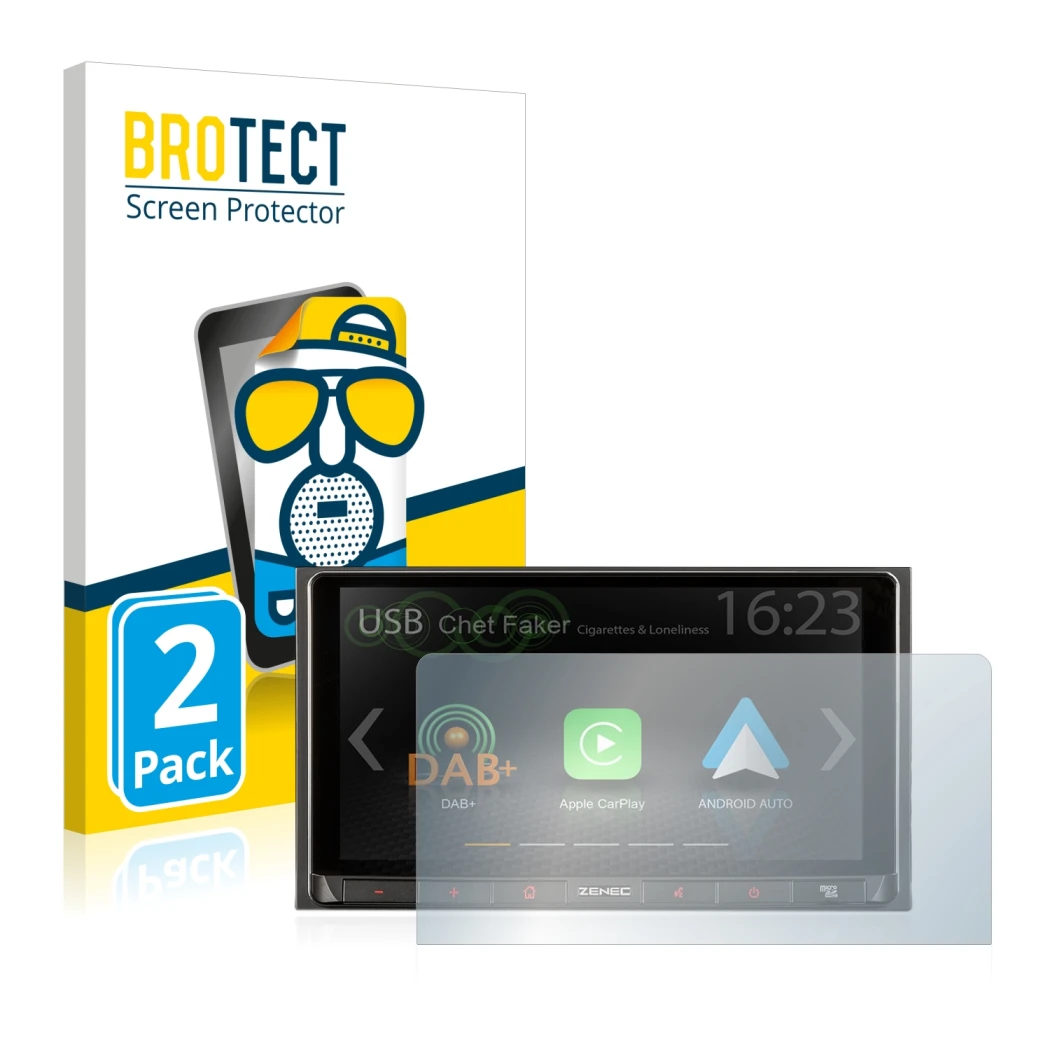 Face avant d’un emballage produit avec le logo de la marque BROTECT. À côté, l’appareil Zenec Z-N528 est représenté avec la pr