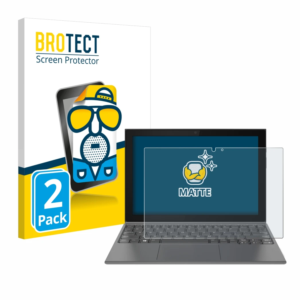 Face avant d’un emballage produit avec le logo de la marque BROTECT. À côté, l’appareil Lenovo IdeaPad Duet 3 10IGL5-LTE est r