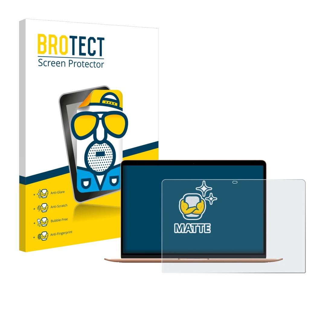 Face avant d’un emballage produit avec le logo de la marque BROTECT. À côté, l’appareil Apple MacBook Air M1 2020 est représen