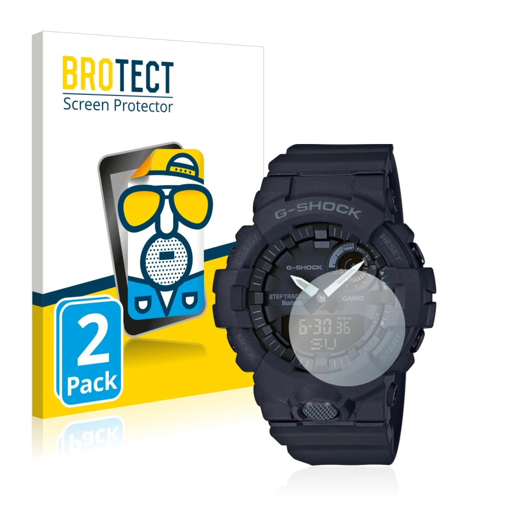 Face avant d’un emballage produit avec le logo de la marque BROTECT. À côté, l’appareil Casio G-Shock GBA800 est représenté av