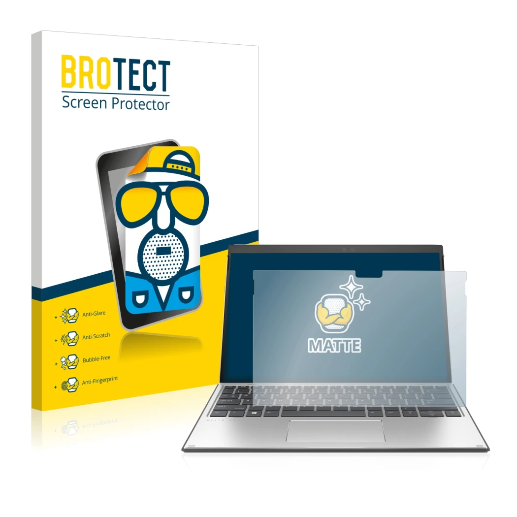 Face avant d’un emballage produit avec le logo de la marque BROTECT. À côté, l’appareil HP Elite x2 G8 est représenté avec la 