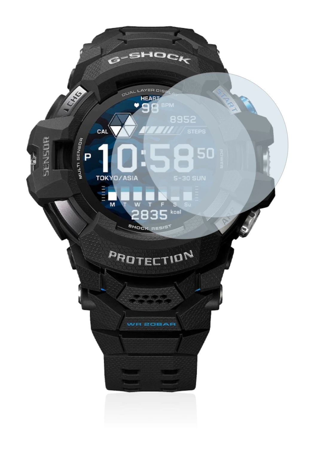 Image de l'appareil Casio G-Shock GSW-H1000 avec une grande variété de protections d'écran.