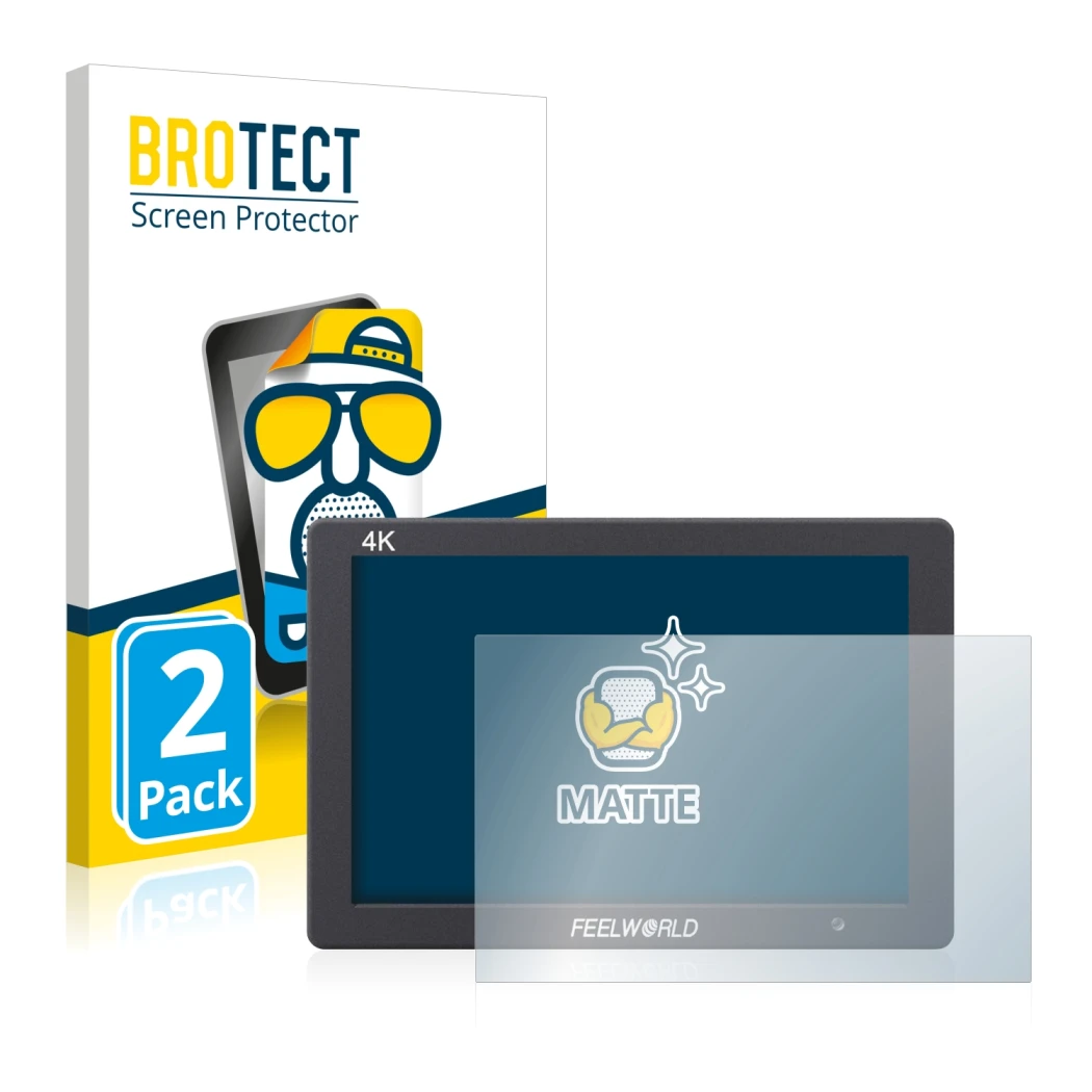 Face avant d’un emballage produit avec le logo de la marque BROTECT. À côté, l’appareil Feelworld FW279 7