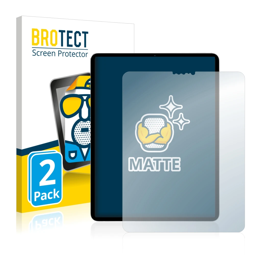 Face avant d’un emballage produit avec le logo de la marque BROTECT. À côté, l’appareil Apple iPad Pro 11