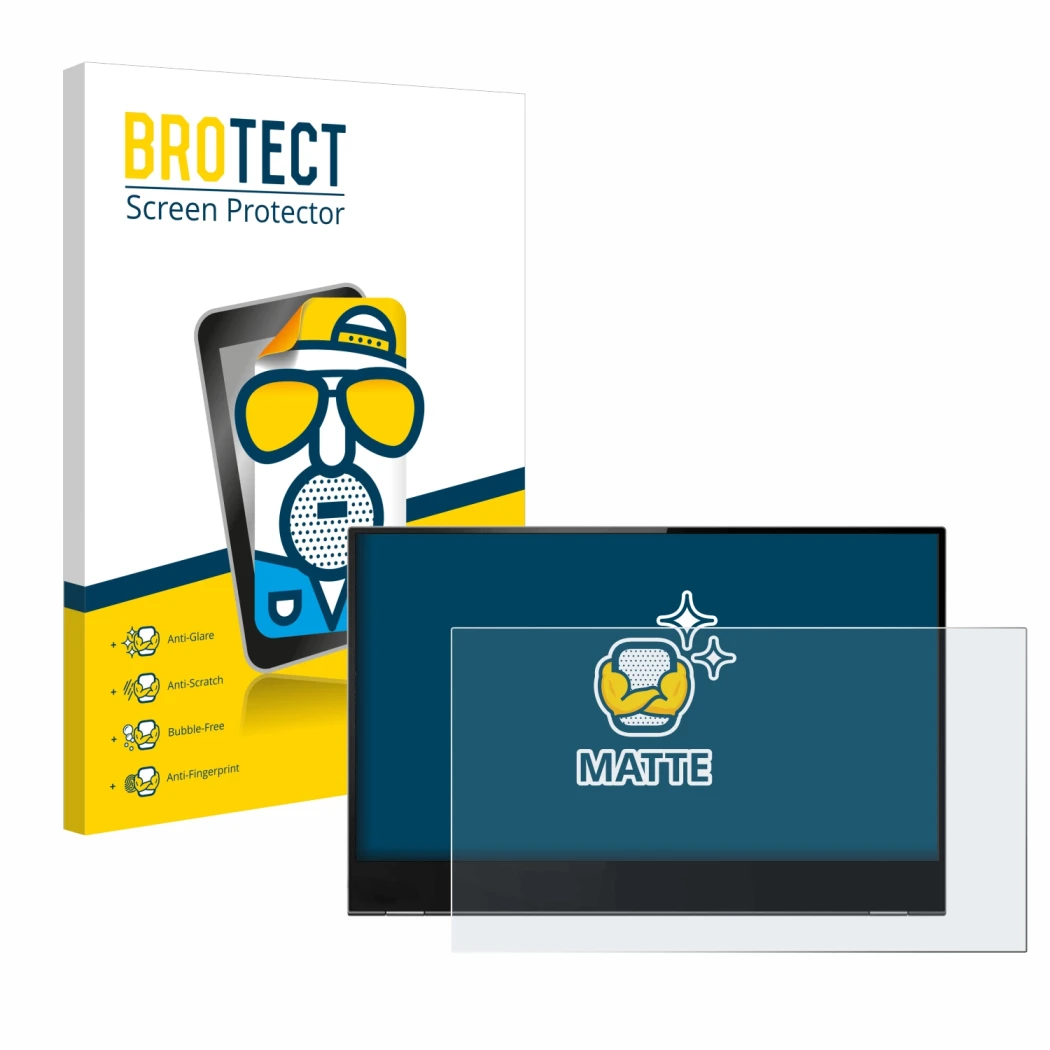 Face avant d’un emballage produit avec le logo de la marque BROTECT. À côté, l’appareil Lenovo ThinkVision M14t est représenté