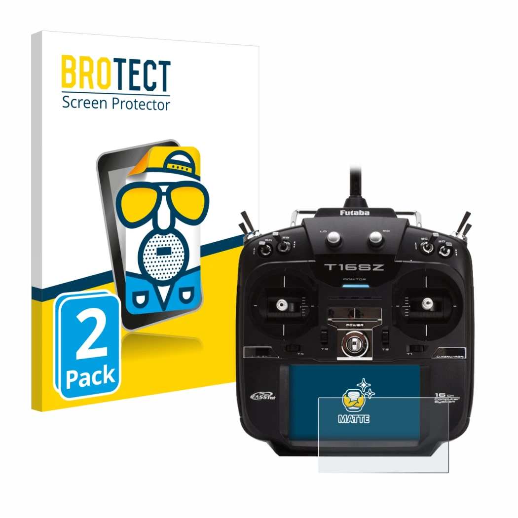 Face avant d’un emballage produit avec le logo de la marque BROTECT. À côté, l’appareil Robbe Futaba T16IZ est représenté avec