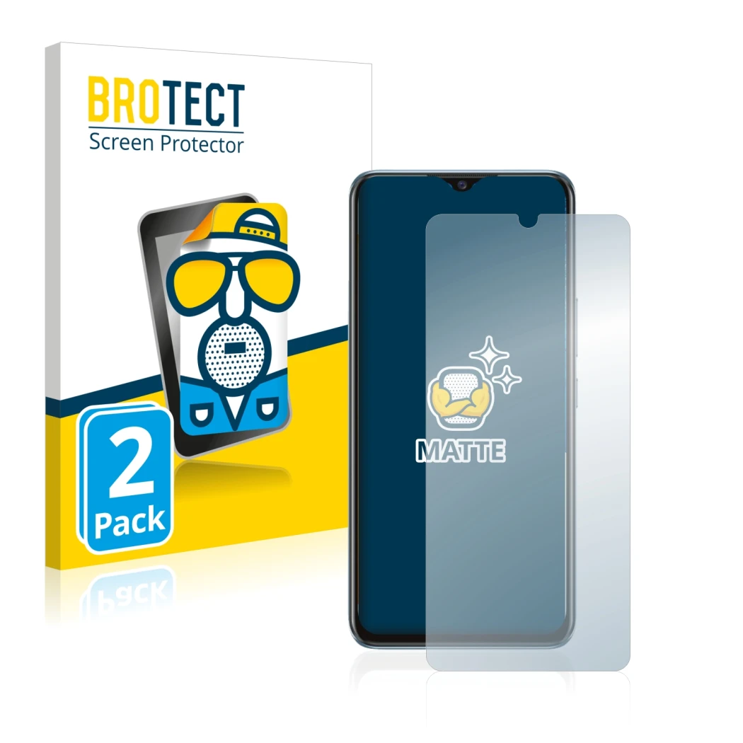 Face avant d’un emballage produit avec le logo de la marque BROTECT. À côté, l’appareil Vivo Y70 est représenté avec la protec
