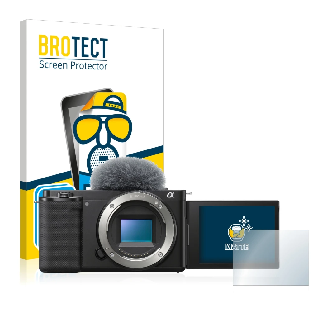 Face avant d’un emballage produit avec le logo de la marque BROTECT. À côté, l’appareil Sony Alpha ZV-E10 est représenté avec