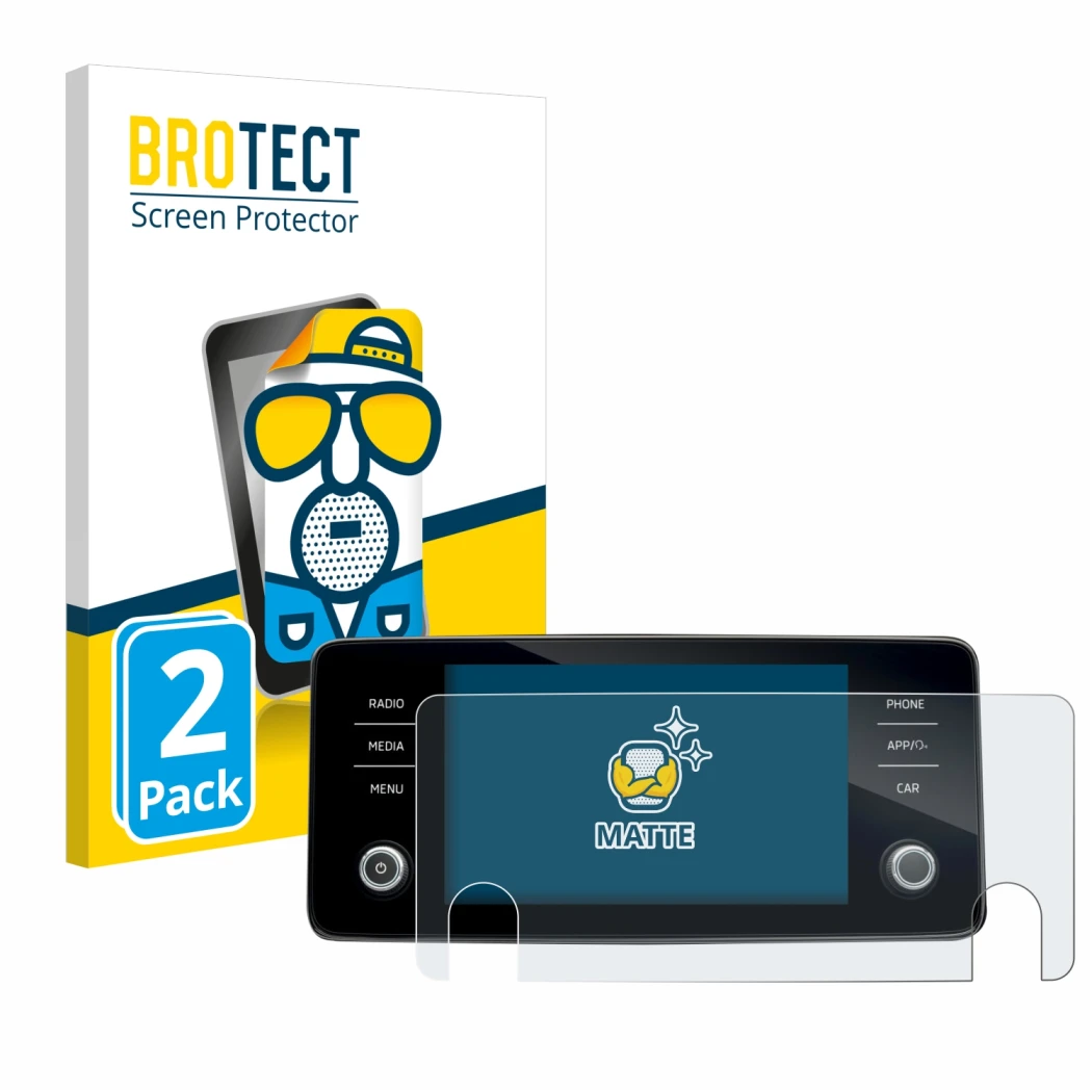 Face avant d’un emballage produit avec le logo de la marque BROTECT. À côté, l’appareil Skoda Bolero 2020 Infotainment System 