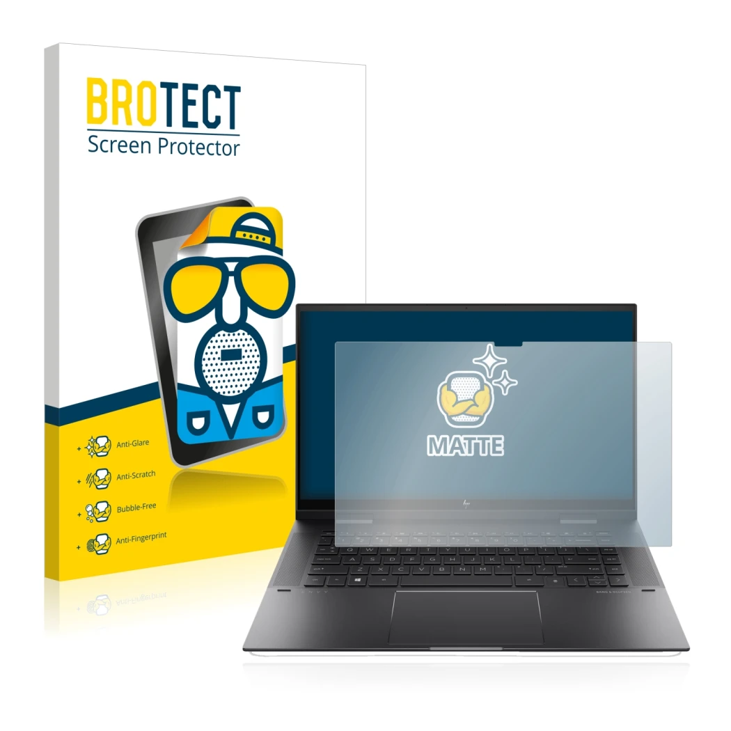Face avant d’un emballage produit avec le logo de la marque BROTECT. À côté, l’appareil HP Envy x360 (15-eX) (359 mm x 228.2 m