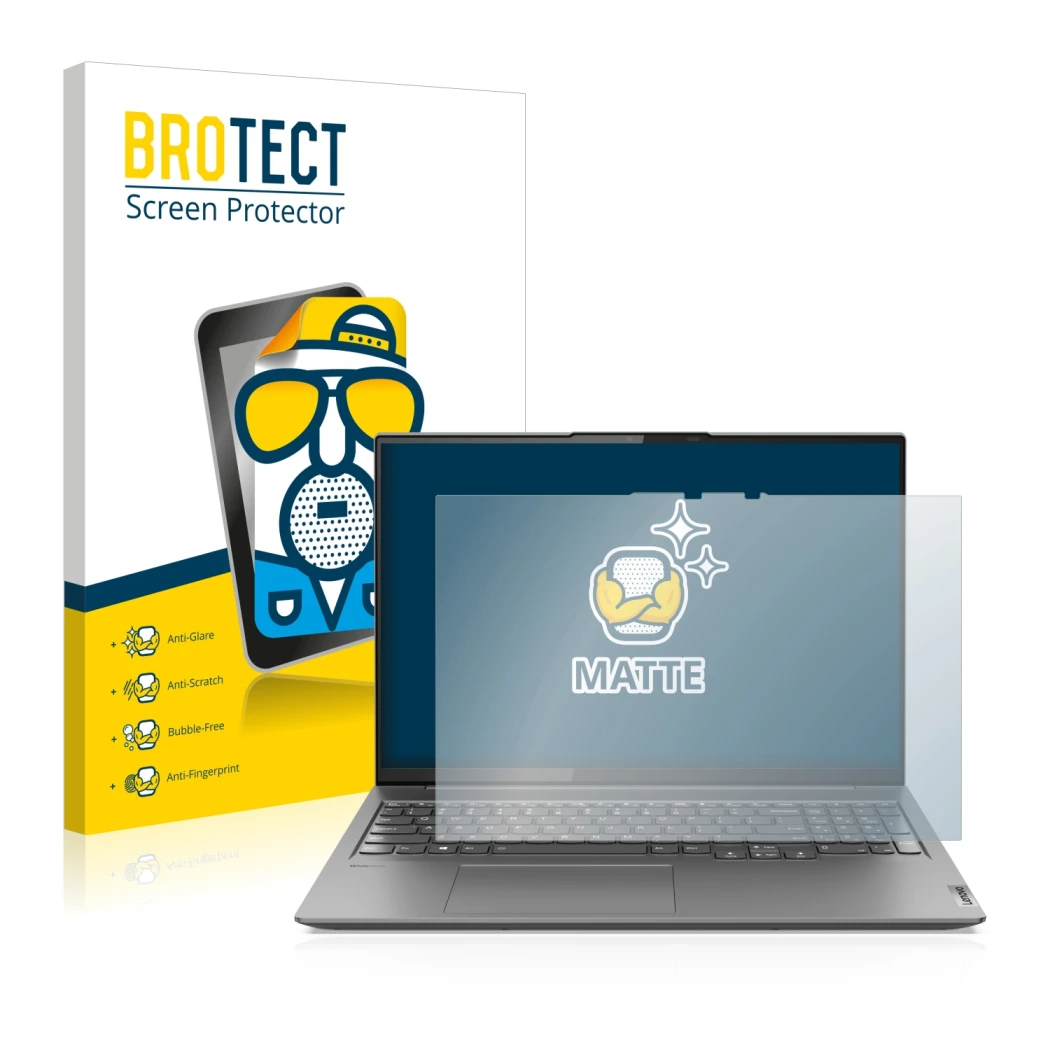 Face avant d’un emballage produit avec le logo de la marque BROTECT. À côté, l’appareil Lenovo Yoga Slim 7 Pro 16