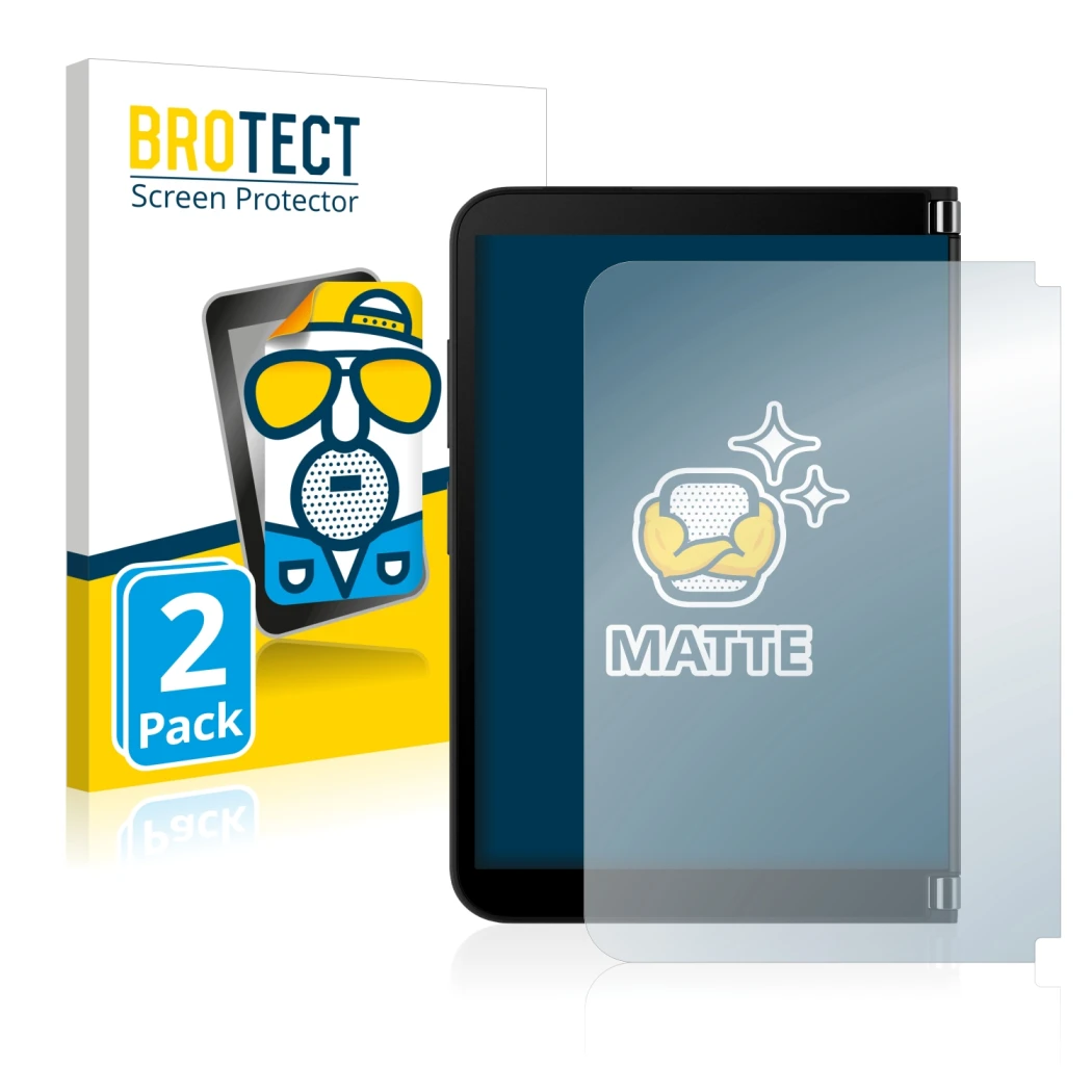 Face avant d’un emballage produit avec le logo de la marque BROTECT. À côté, l’appareil Microsoft Surface Duo 2 (Affichage ext