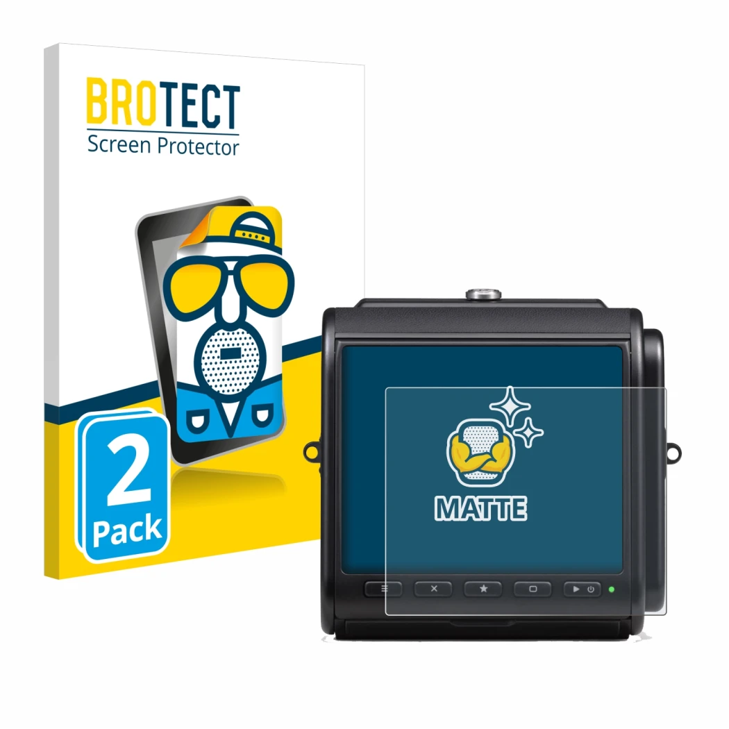 Face avant d’un emballage produit avec le logo de la marque BROTECT. À côté, l’appareil Hasselblad 907X 50C est représenté ave