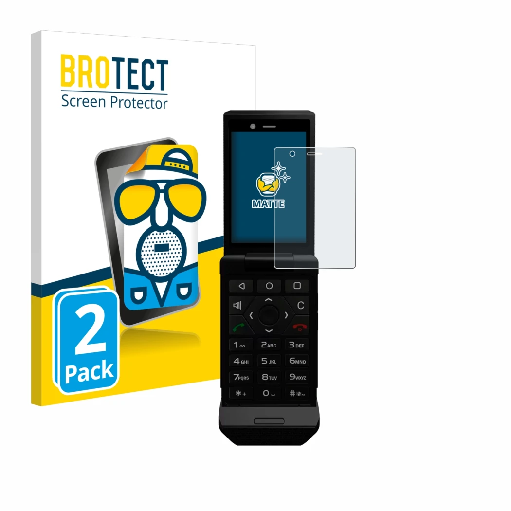 Face avant d’un emballage produit avec le logo de la marque BROTECT. À côté, l’appareil Caterpillar Cat S22 Flip est représent