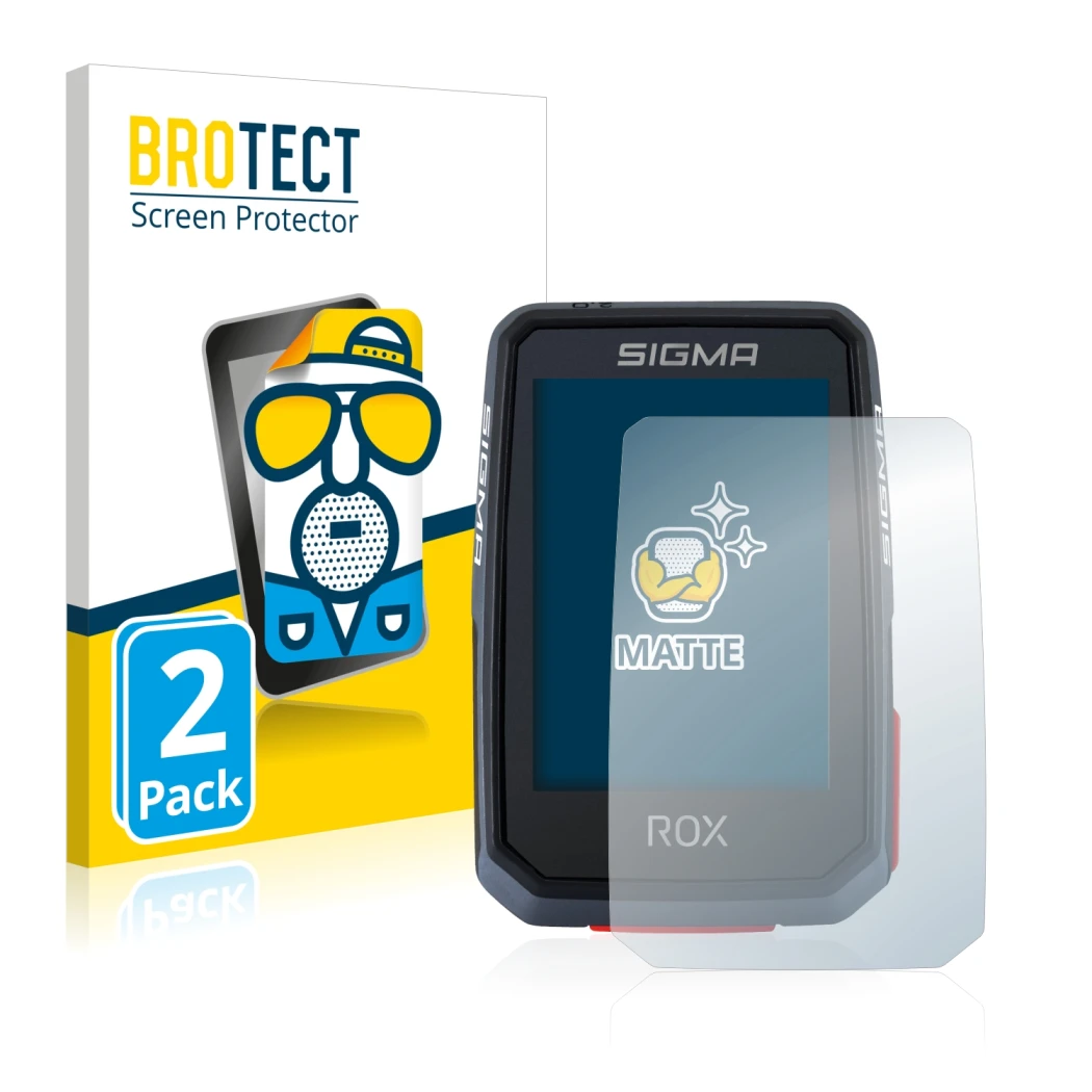 Face avant d’un emballage produit avec le logo de la marque BROTECT. À côté, l’appareil Sigma ROX 2.0 est représenté avec la p