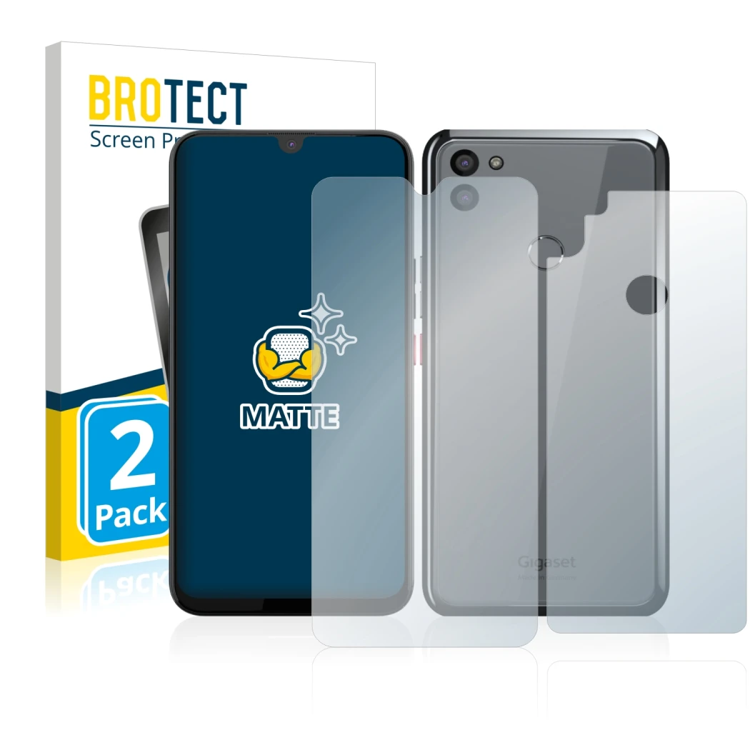 Face avant d’un emballage produit avec le logo de la marque BROTECT. À côté, l’appareil Gigaset GS5 (Avant+Arrière) est représ