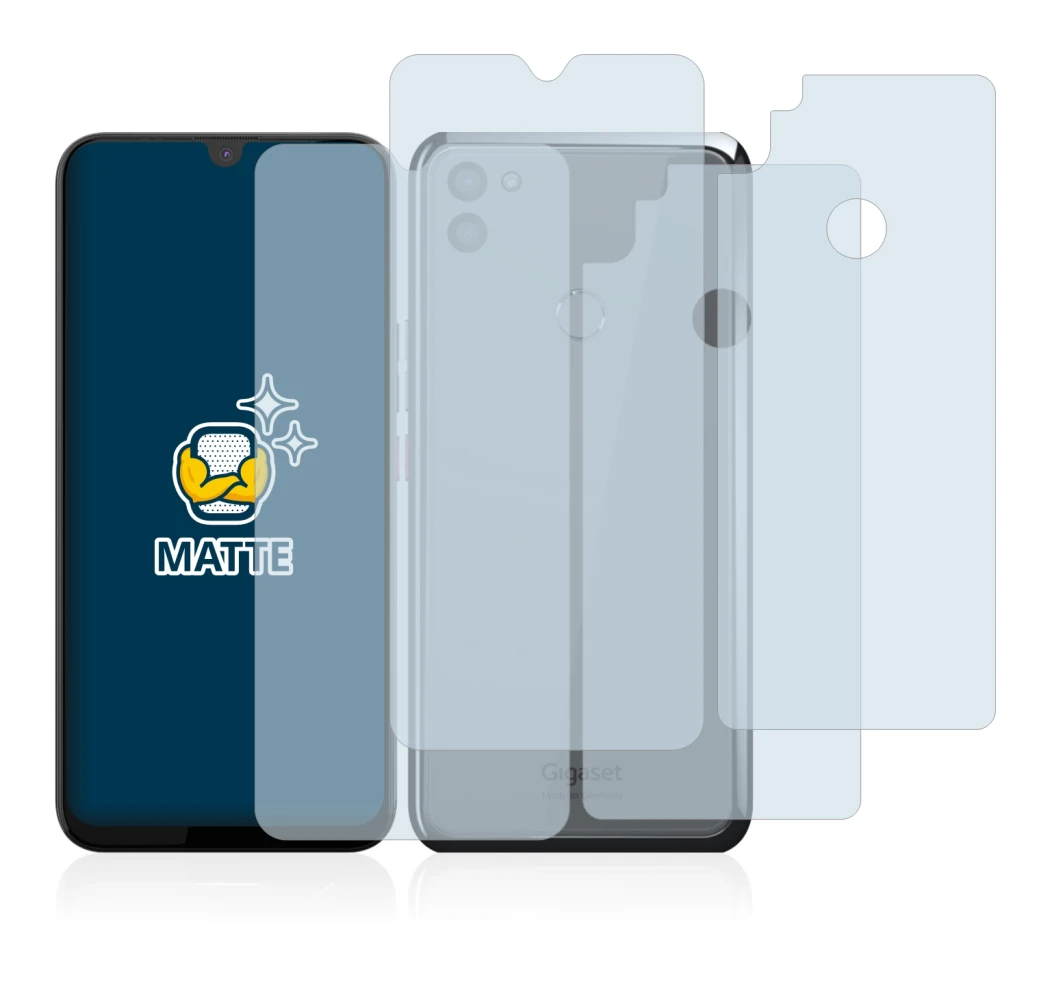 Image de l'appareil Gigaset GS5 (Avant+Arrière) avec une grande variété de protections d'écran.