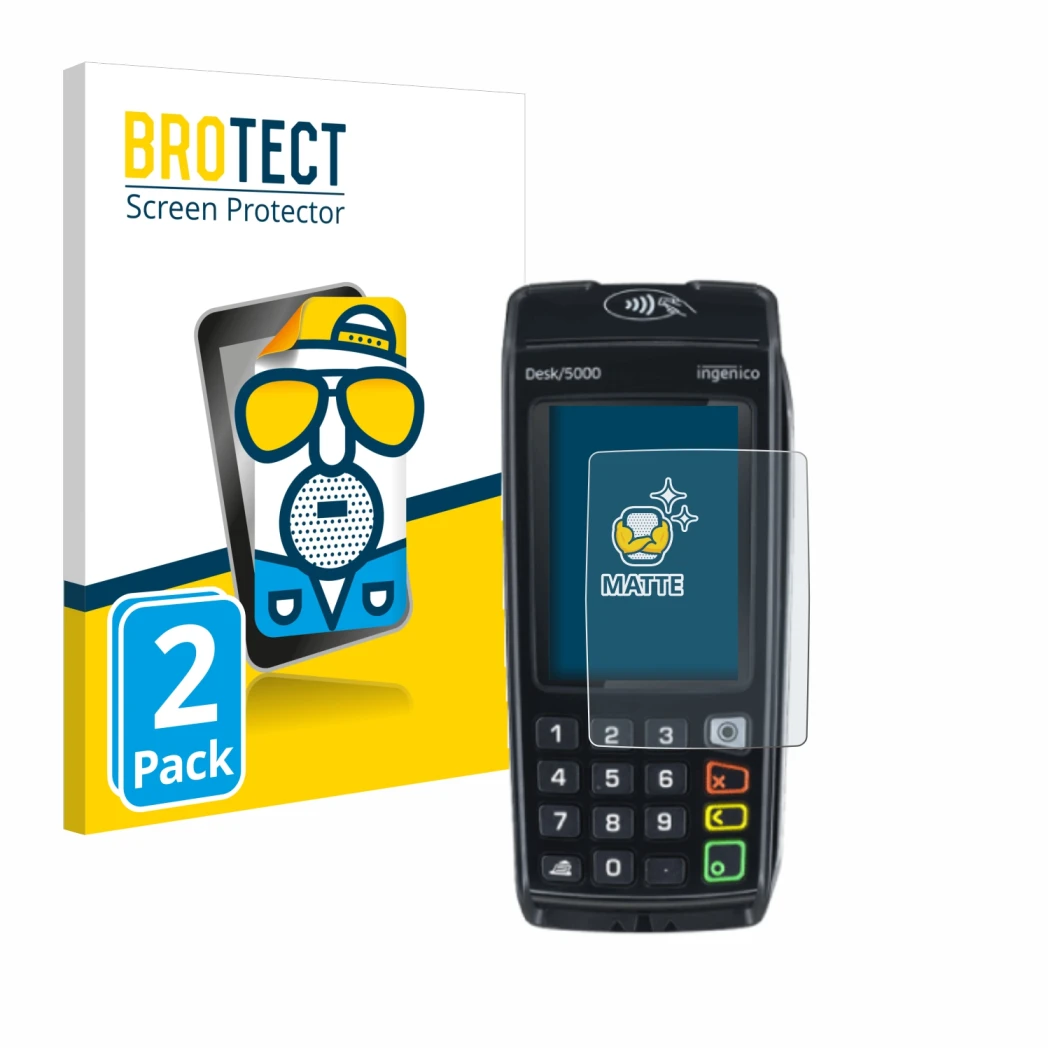 Face avant d’un emballage produit avec le logo de la marque BROTECT. À côté, l’appareil ingenico Desk/5000 est représenté avec