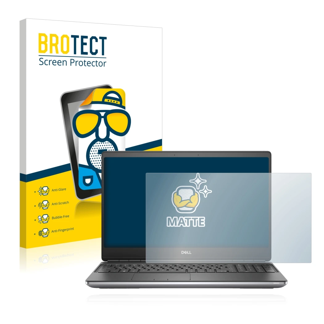 Face avant d’un emballage produit avec le logo de la marque BROTECT. À côté, l’appareil Dell Precision 7560 est représenté ave