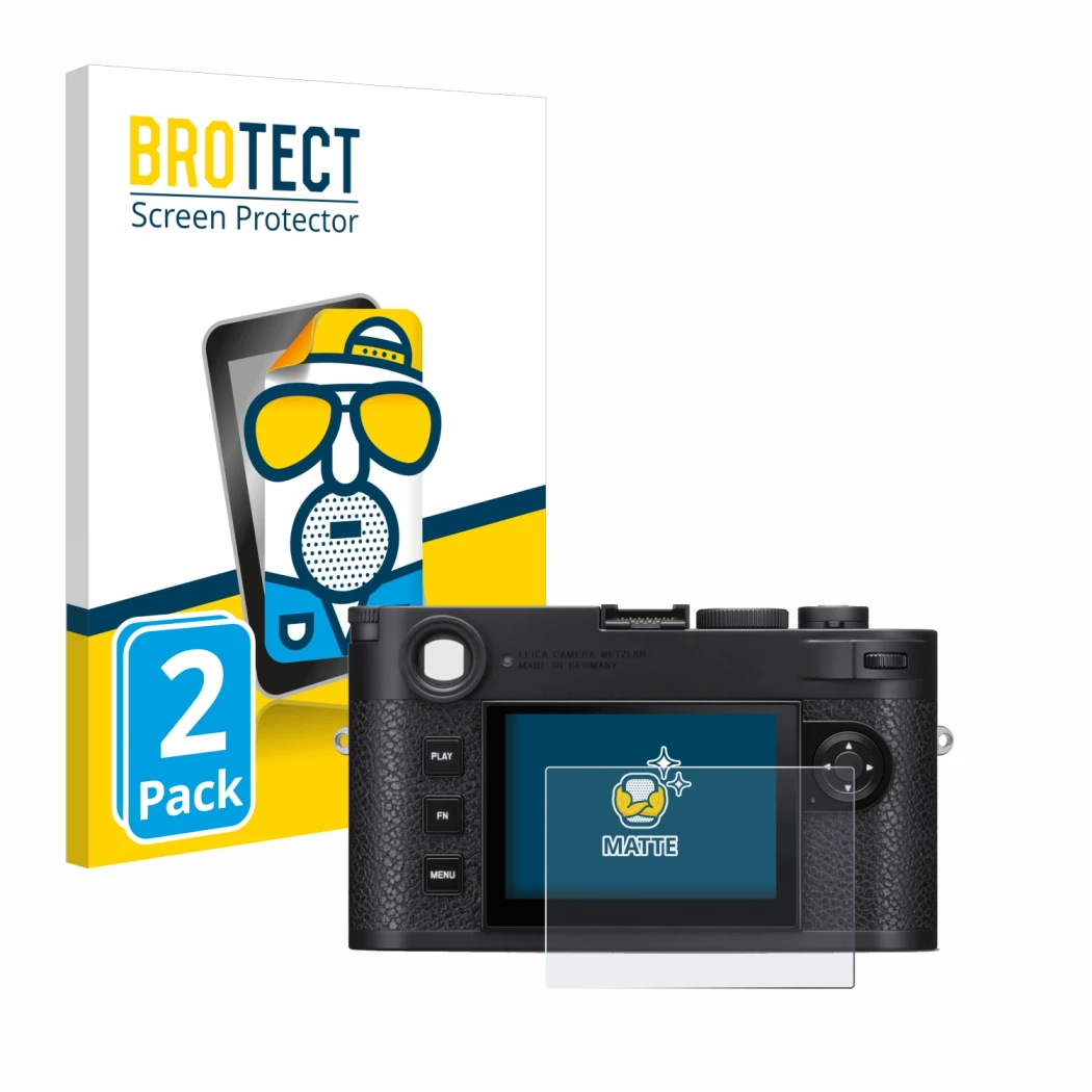Face avant d’un emballage produit avec le logo de la marque BROTECT. À côté, l’appareil Leica M11 est représenté avec la prote