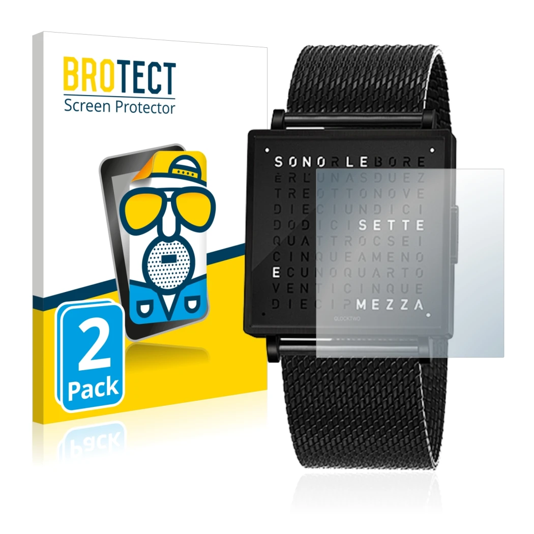 Face avant d’un emballage produit avec le logo de la marque BROTECT. À côté, l’appareil Qlocktwo W35 est représenté avec la pr
