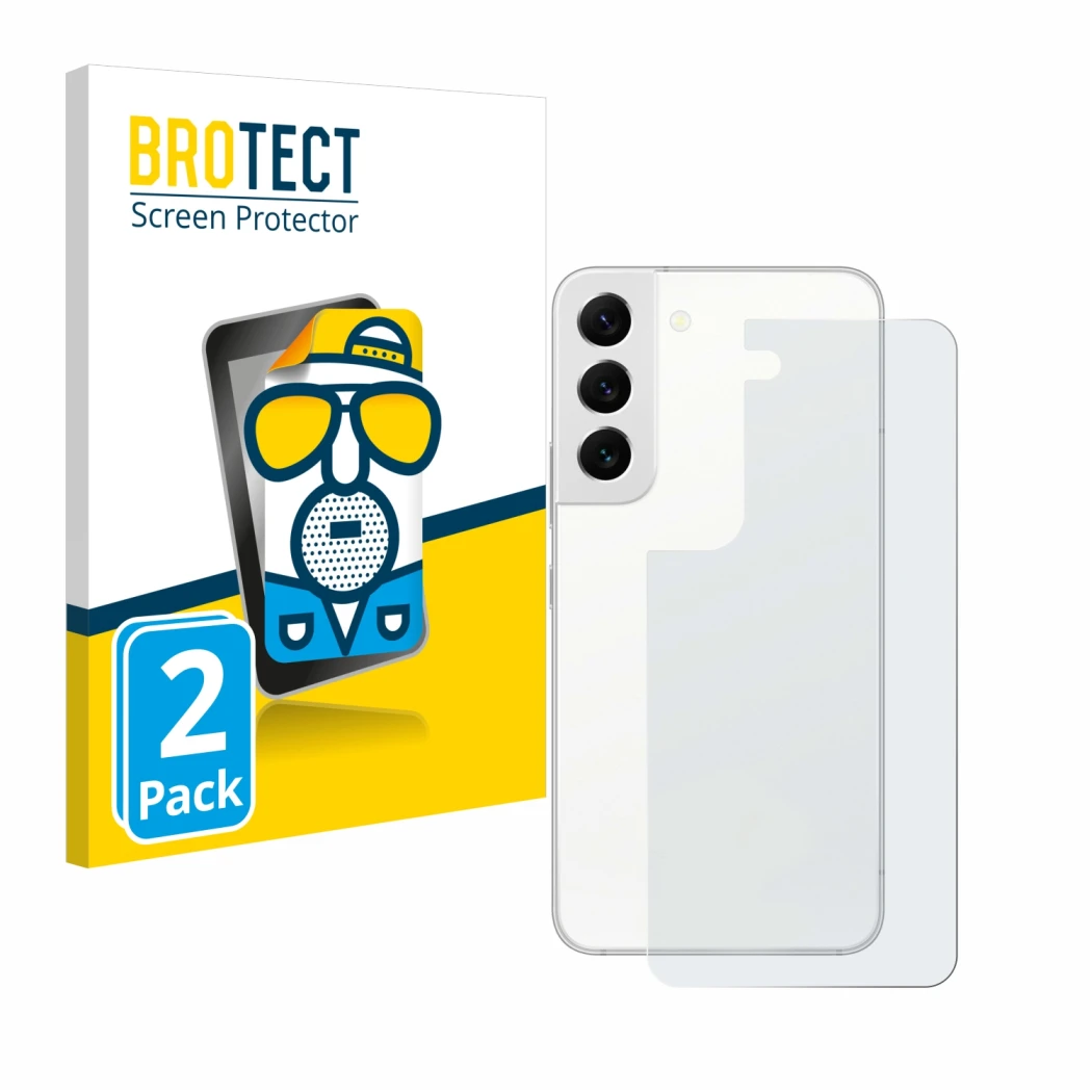 Face avant d’un emballage produit avec le logo de la marque BROTECT. À côté, l’appareil Samsung Galaxy S22 5G (Arrière) est re