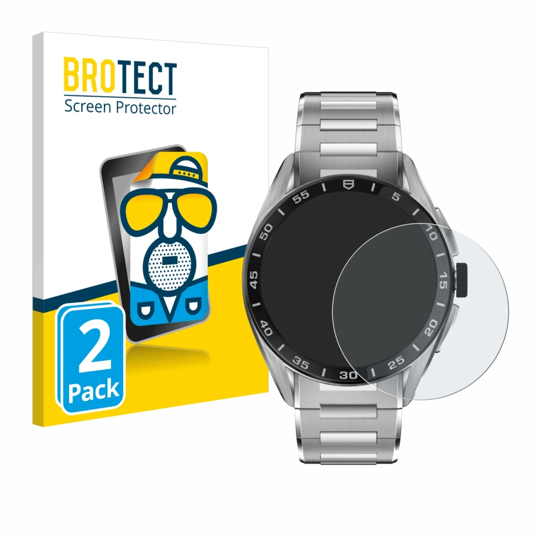 Face avant d’un emballage produit avec le logo de la marque BROTECT. À côté, l’appareil TAG Heuer Connected Calibre E4 (45 mm)