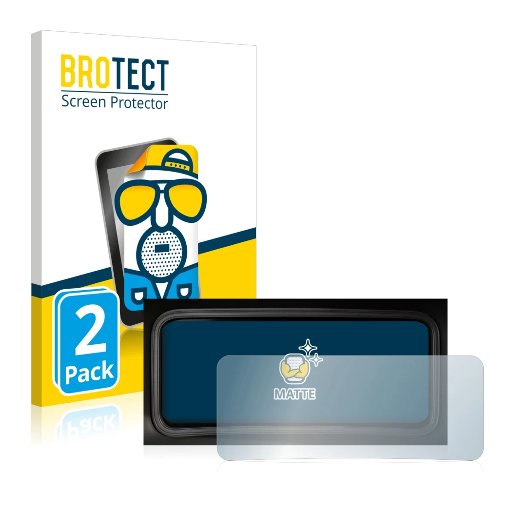 Face avant d’un emballage produit avec le logo de la marque BROTECT. À côté, l’appareil Hyundai Kona 2022 Affichage de la vite