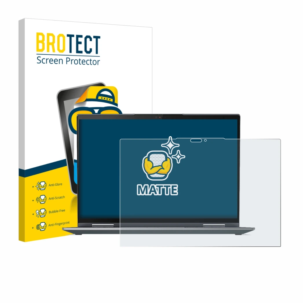 Face avant d’un emballage produit avec le logo de la marque BROTECT. À côté, l’appareil Lenovo ThinkPad X1 Yoga Gen 7 est repr