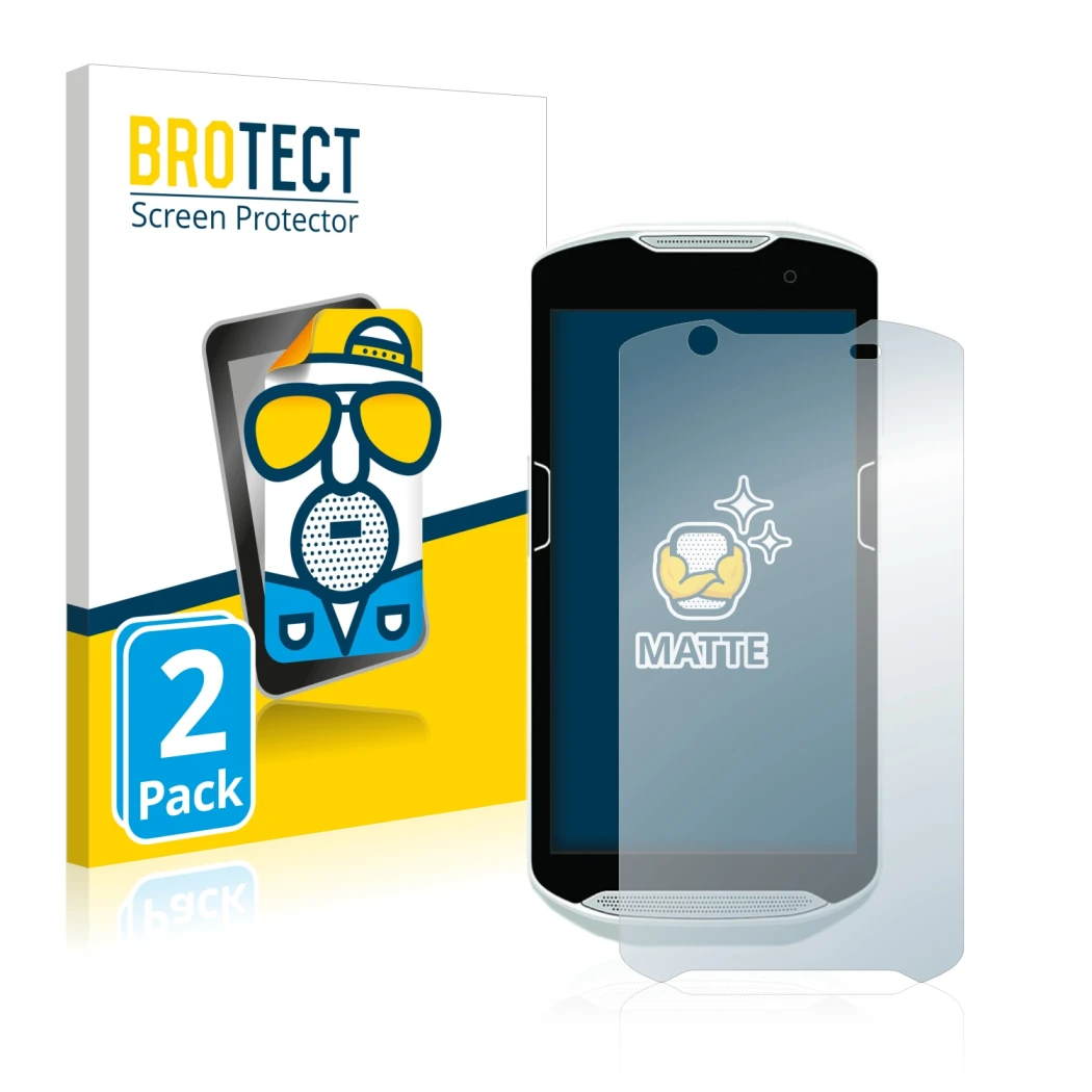 Face avant d’un emballage produit avec le logo de la marque BROTECT. À côté, l’appareil Zebra TC52 est représenté avec la prot