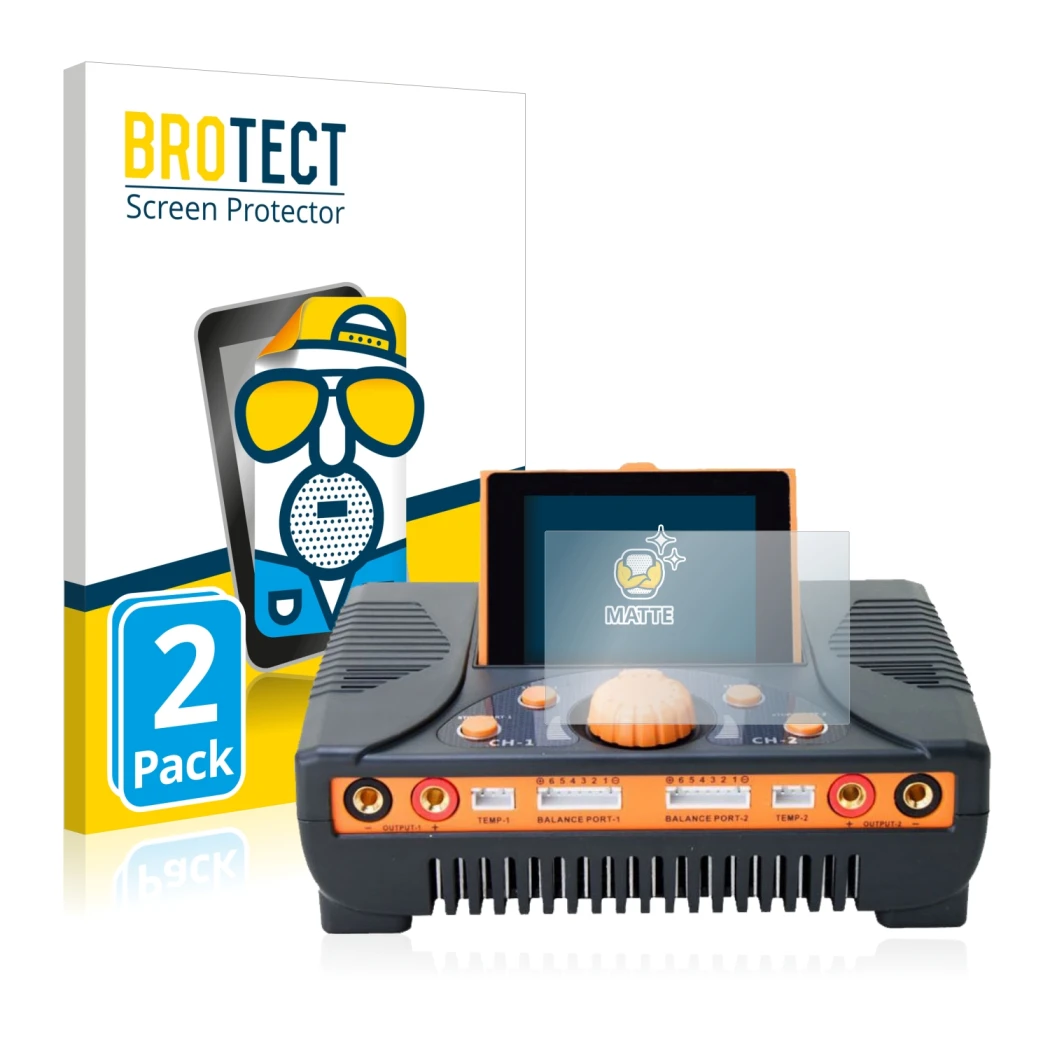 Face avant d’un emballage produit avec le logo de la marque BROTECT. À côté, l’appareil Junsi iCharger 406 Duo est représenté