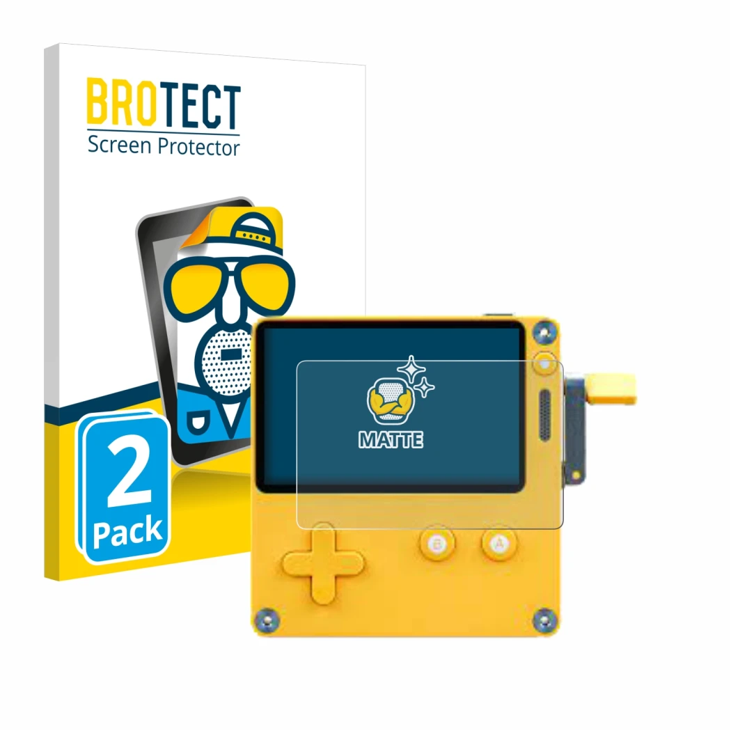 Face avant d’un emballage produit avec le logo de la marque BROTECT. À côté, l’appareil Panic Playdate est représenté avec la